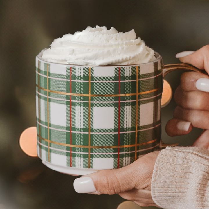 Green Plaid Coffee Mug with gold handle and accents, perfect for holiday decor.