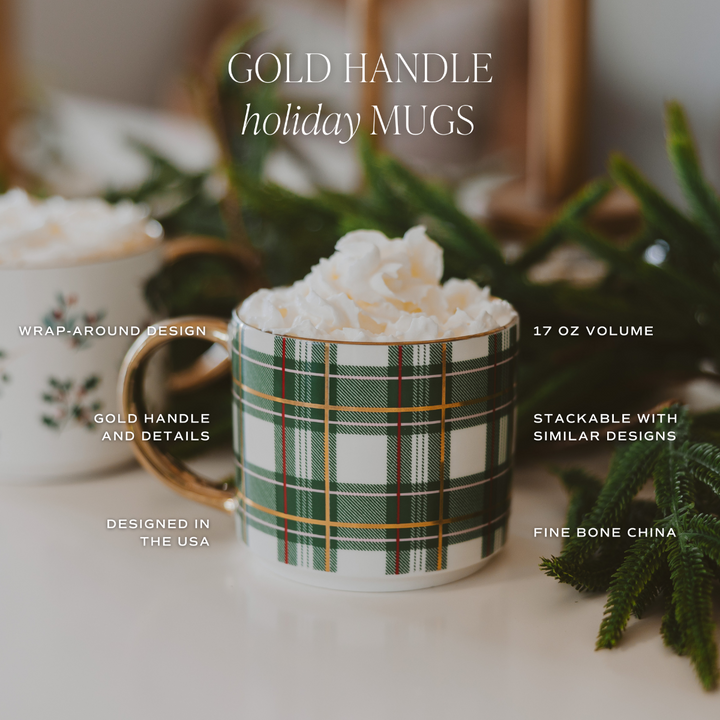 Festive 17 oz coffee mug with green plaid design, perfect for holiday gifting.