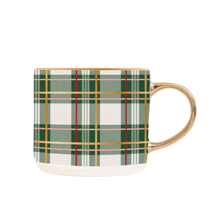 Holiday mug featuring a classic green plaid pattern and elegant gold detailing.