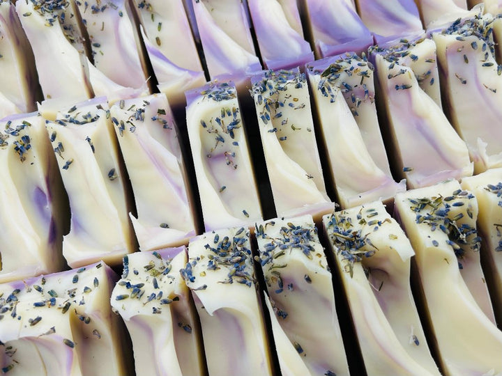 Group of Lavender Handmade Soaps showcasing real lavender sprigs