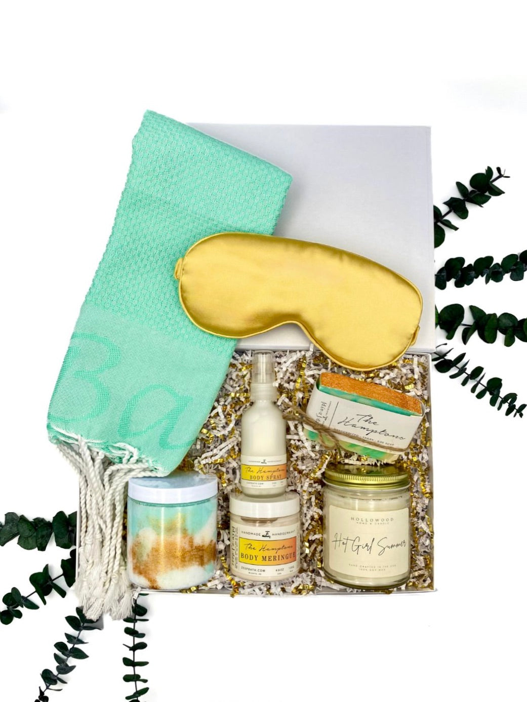 Hamptons Gift Box includes spa items, candle, hand towel and sleep mask. 