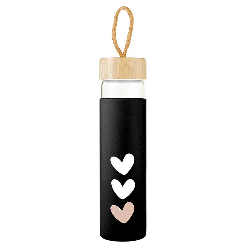 Heart Glass bottle has bamboo lid and silicone sleeve with hearts to protect the glass water bottle. 