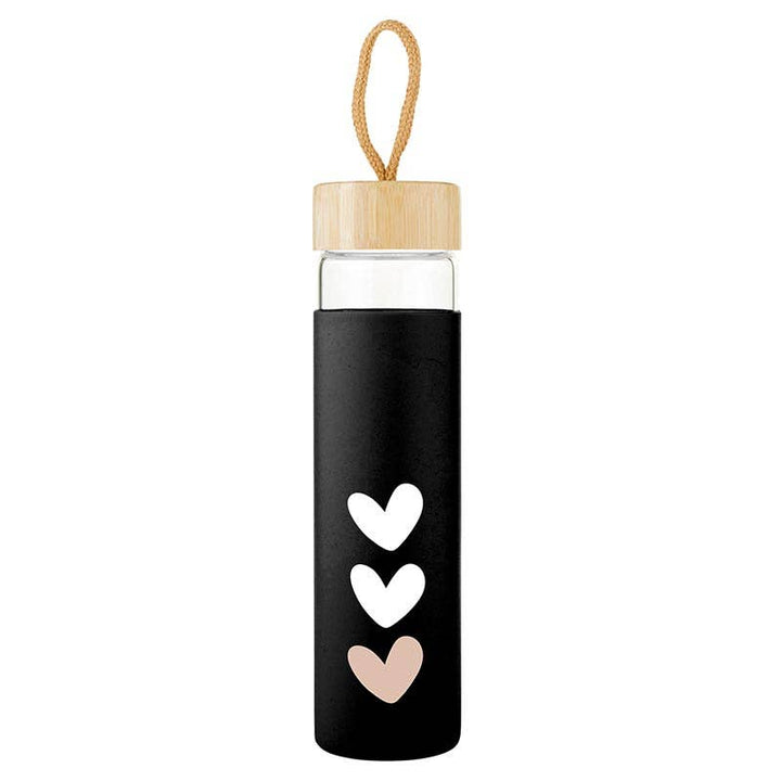 Heart Glass bottle has bamboo lid and silicone sleeve with hearts to protect the glass water bottle. 