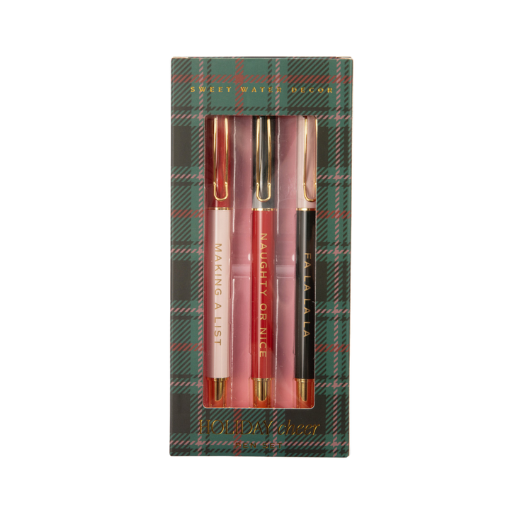 Holiday Cheer Metal Pen Set with green, red, and blush pink pens in plaid gift box.