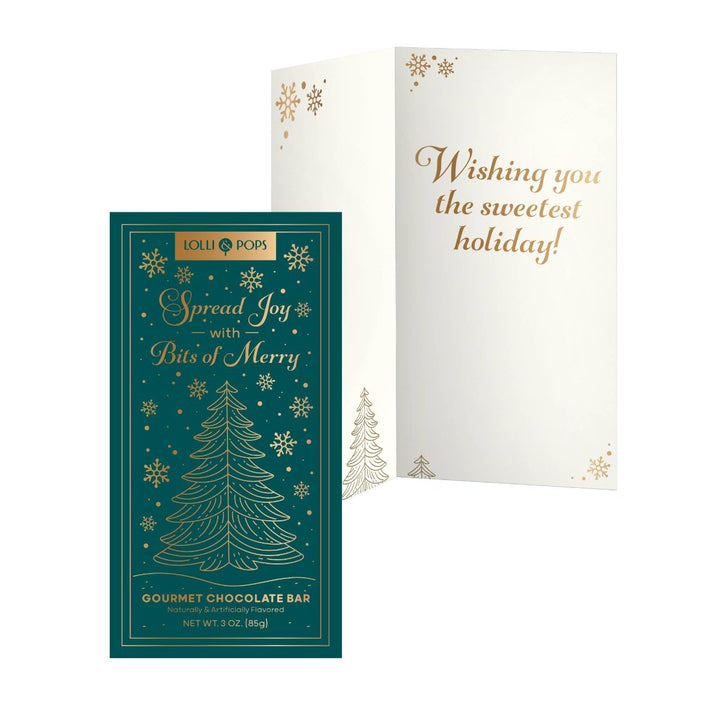 A forest green card with gold snowflakes, gold Christmas trees, and the phrase "Spread Joy with Bits of Merry" on the front, and "Wishing you the sweetest holiday" inside. 