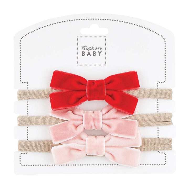 Holiday Velvet Bow Headband Set for baby in Red, Pink, and Light Pink colors.