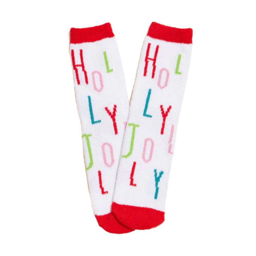 White socks with "Holly Jolly" in multi-colored letters and red trim.