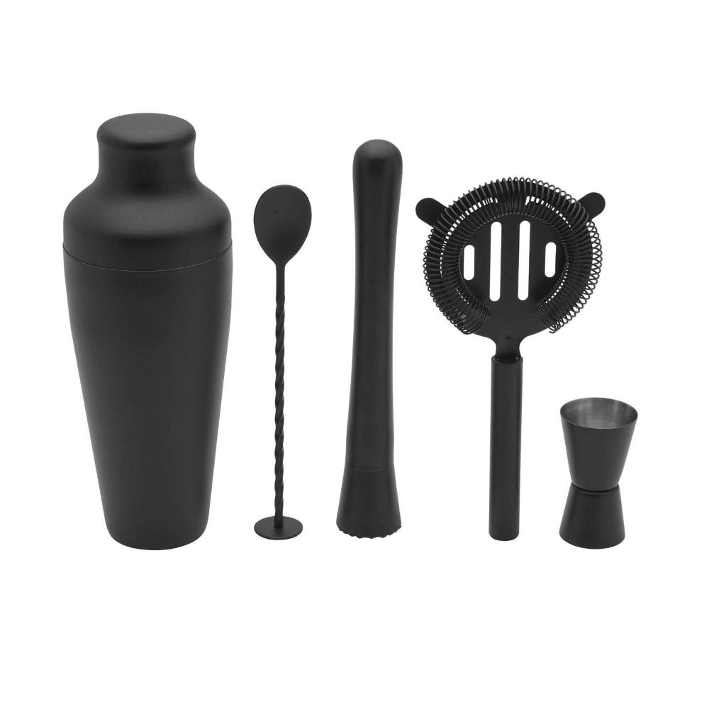 5 Piece Matte Black Cocktail Shaker Set includes Shaker, bar spoon, muddler, strainer and jigger.  