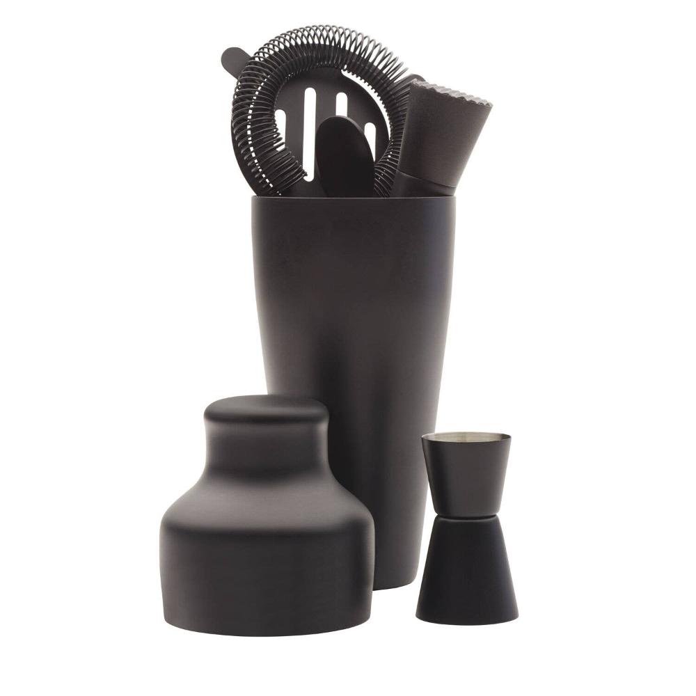 Houdini Noir Cocktail Shaker Set with pieces inside the shaker and jigger outside next to the cap. 