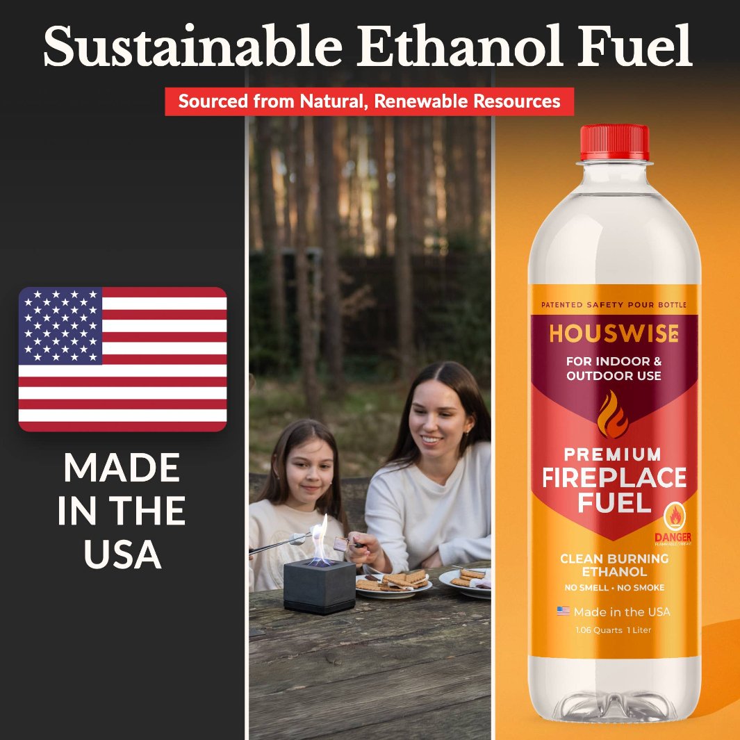 Eco-friendly Bio Ethanol Fireplace Fuel, clean-burning, smokeless, and odorless, made in the USA from sustainable resources for indoor or outdoor use.