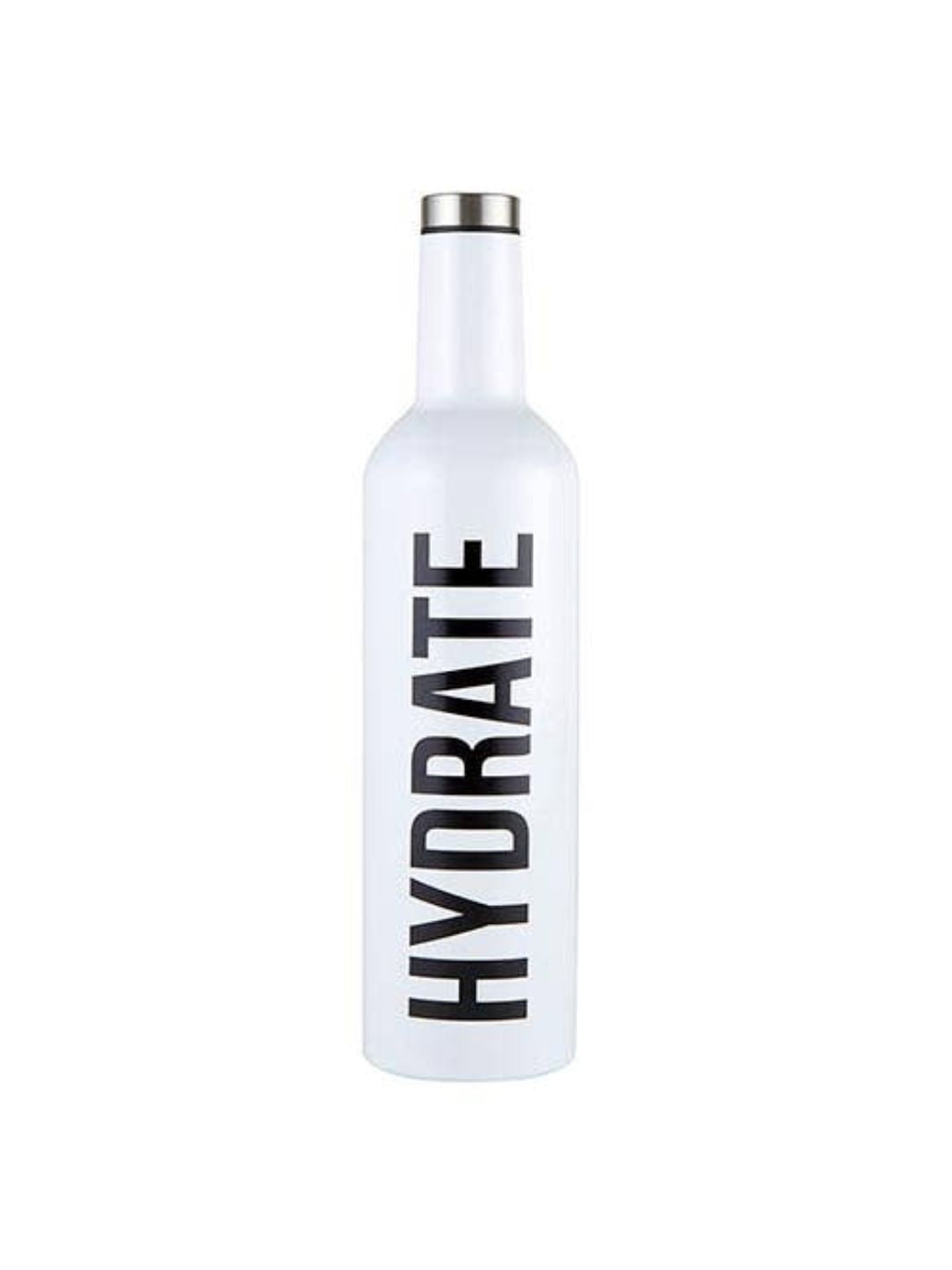 Stainless Steel Wine Bottle with 'Hydrate' design, holds a full bottle of wine.