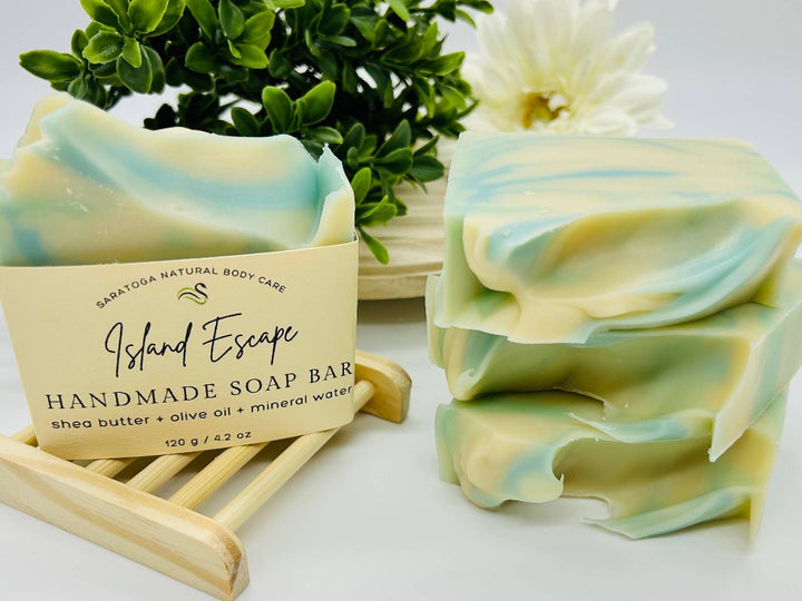 Island Escape Tropical Soap Bars showcasing the beautiful yellow and blue swirl design. 