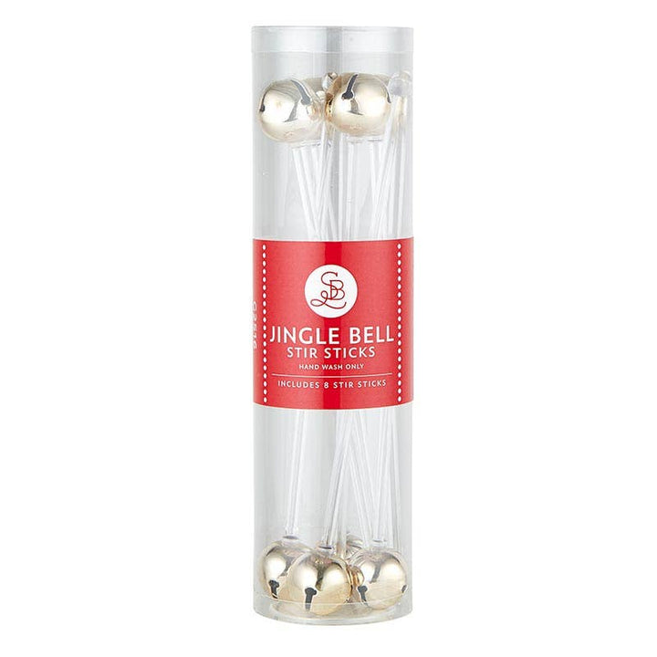 Set of 8 Jingle Bell Stir Sticks with gold jingle bells on plastic sticks.