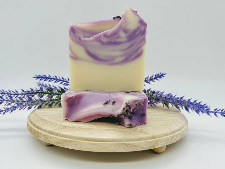 Lavender Handmade Soap Bar with real lavender sprigs and soft purple tones.