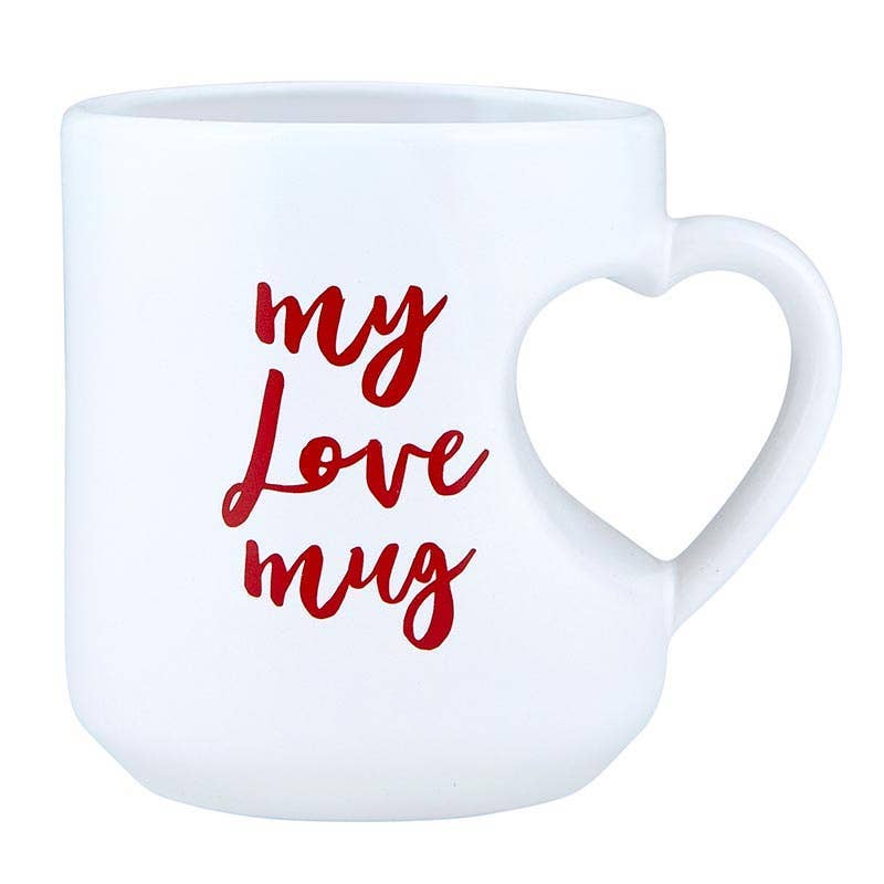 Close-up of the Love Mug with red cursive script reading "My Love Mug."