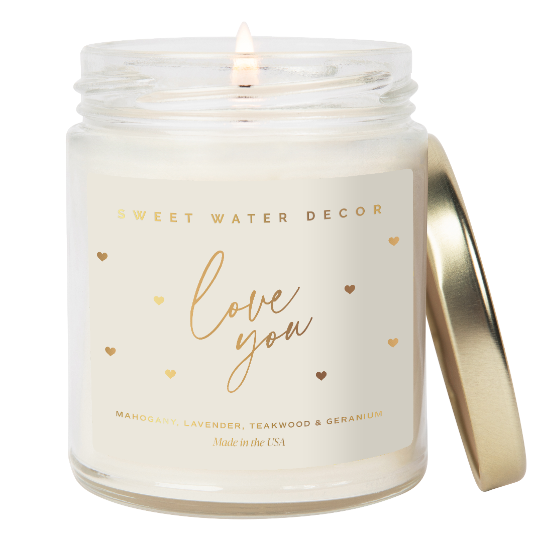 Love You 9oz Candle with gold cursive lettering and gold heart accents on the jar.