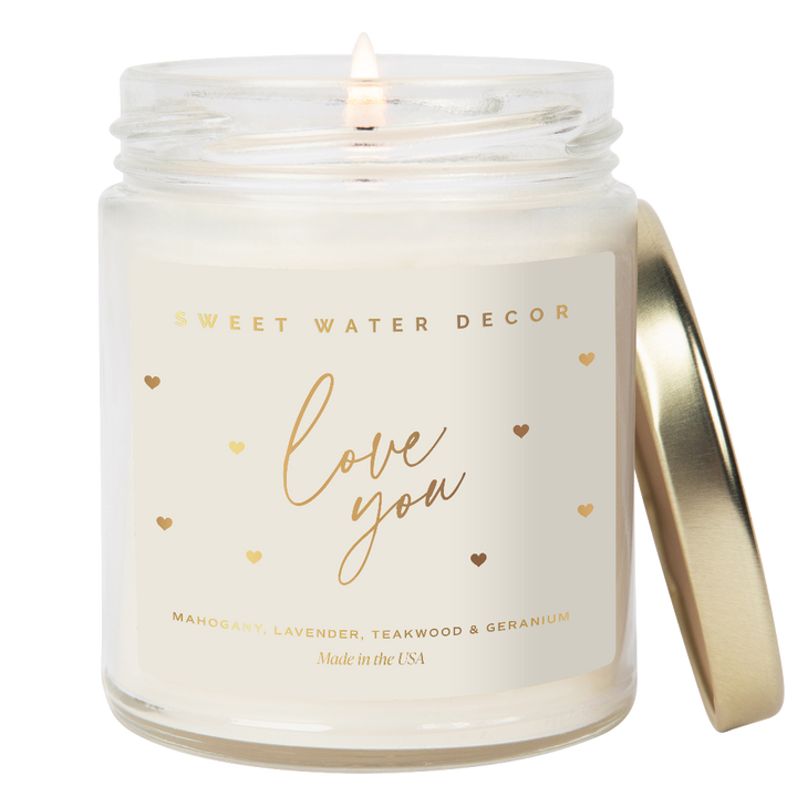 Love You 9oz Candle with gold cursive lettering and gold heart accents on the jar.