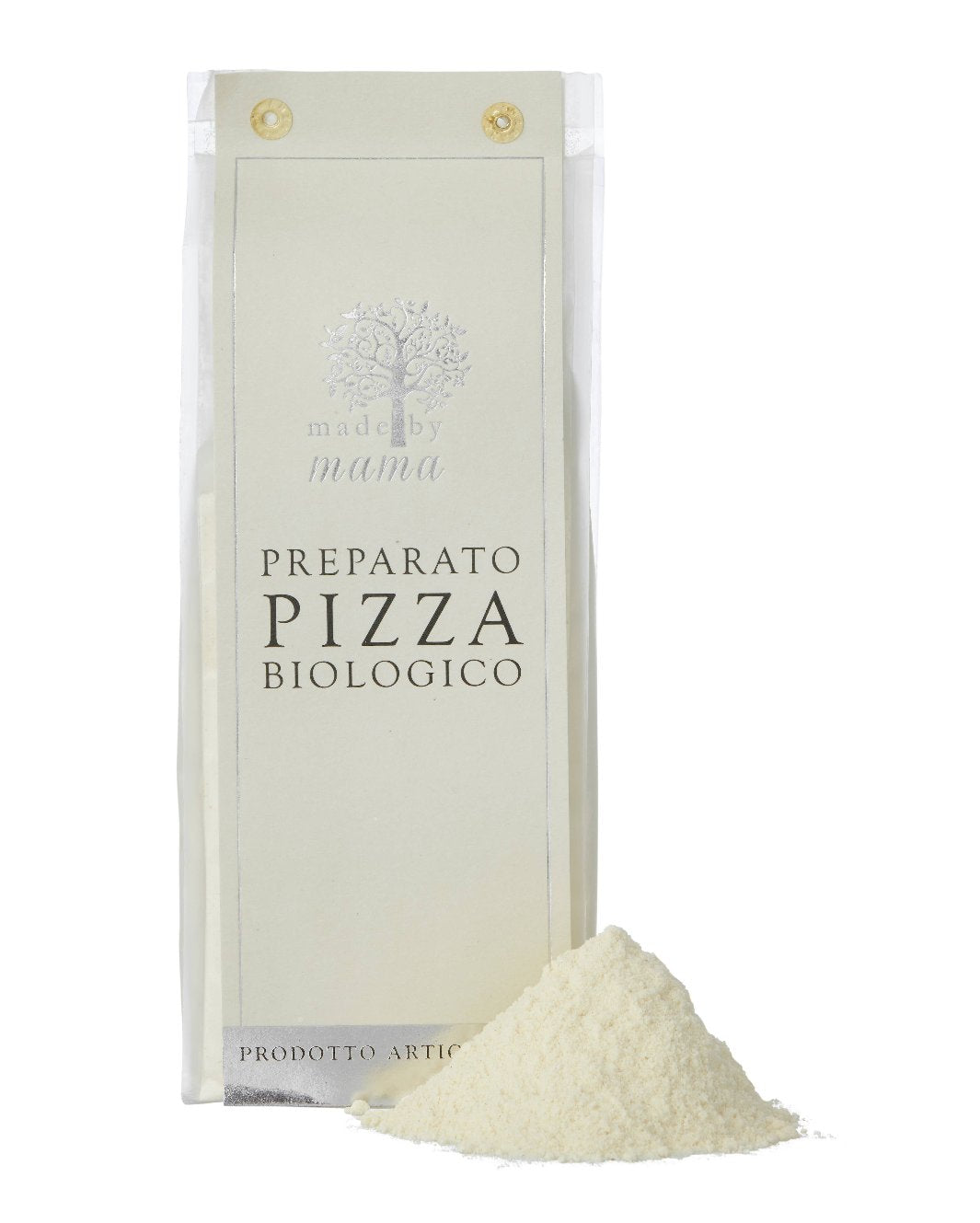 Close-up of Made by Mama Italian organic pizza flour mixture.