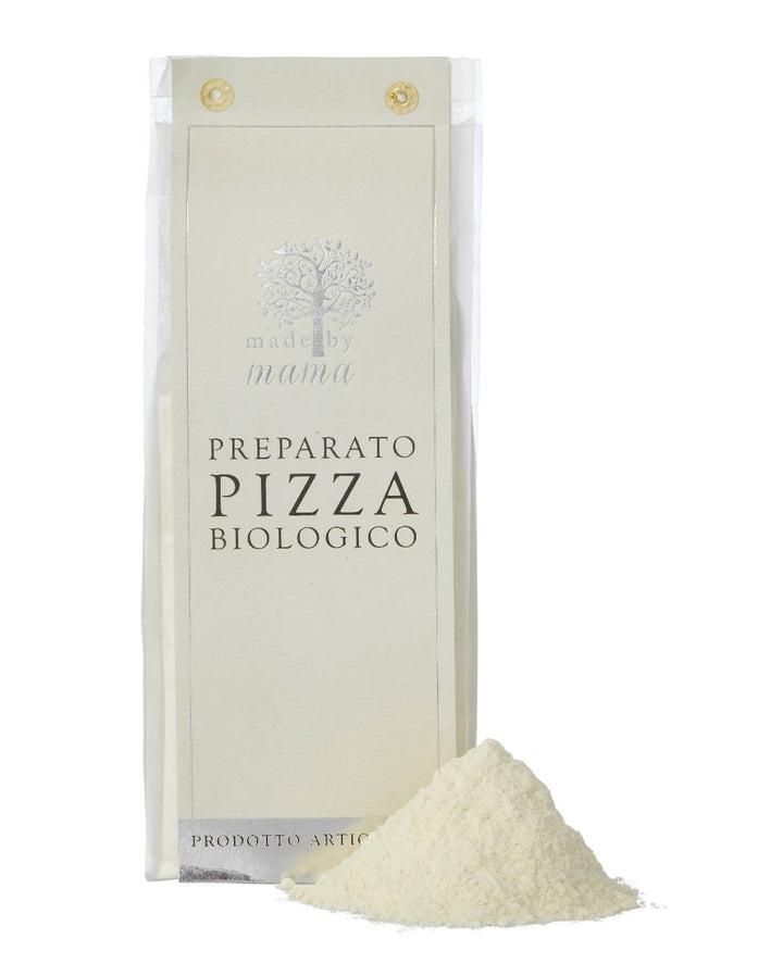 Close-up of Made by Mama Italian organic pizza flour mixture.