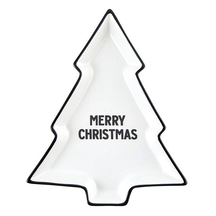 Merry Christmas ceramic tree plate with black debossed design and black rim.