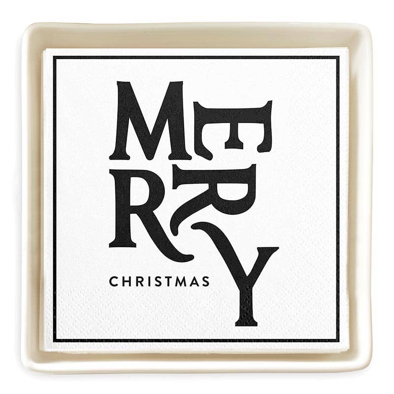 Ceramic tray with Merry Christmas cocktail napkins, perfect for holiday gatherings