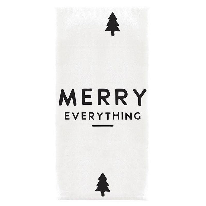 Close-up of the "Merry Everything" text on the tea towel, showing the festive design and high-quality cotton fabric.