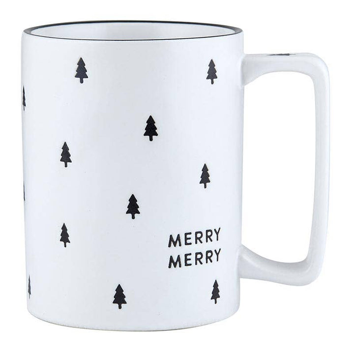 White Merry Merry Holiday Mug with square handle and mini black Christmas tree designs.