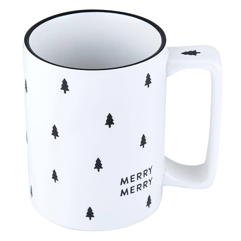 Merry Merry Holiday mug with minimalist black tree design and black-rimmed outline. 