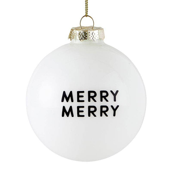 Close-up of the “Merry Merry” ornament with bold black script and a premium lurex cord for hanging.