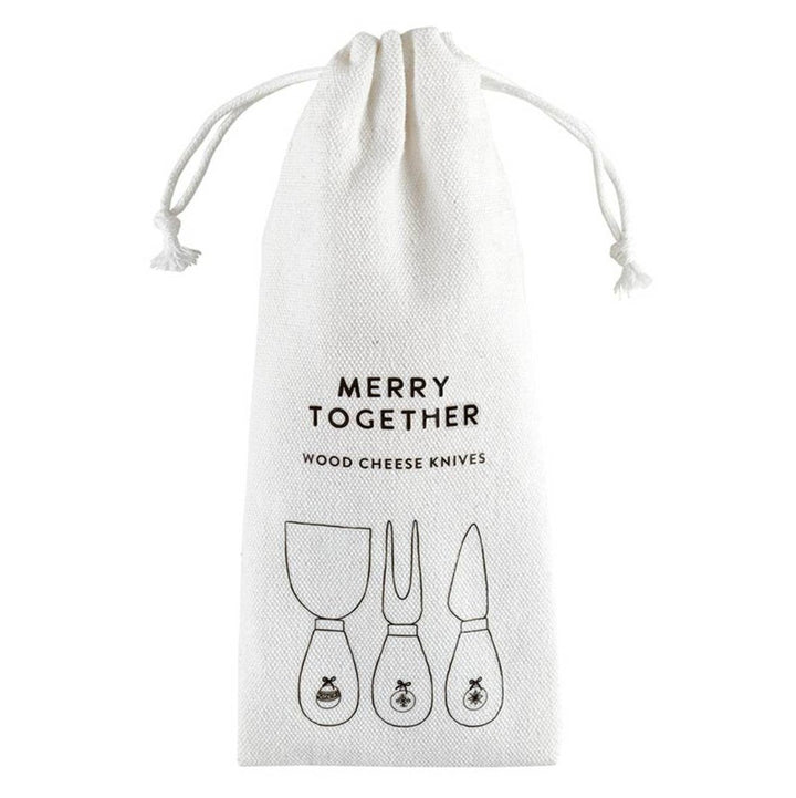 Cheese knives set in a muslin storage bag, ready for holiday gifting.