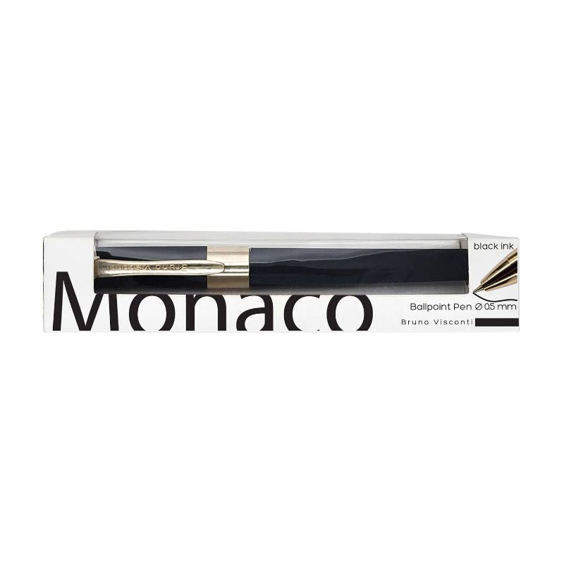 Black and gold Monaco Soft Touch Pen with a wide body, fine-point tip, and soft-touch finish, displayed in a gift box with an included ink refill.