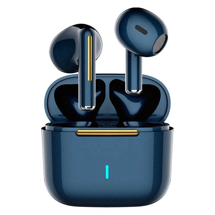 A pair of Navy Blue True Wireless Earbuds by Tech Trendz with gold detailing and a matching charging case, showcasing the sleek and stylish design.