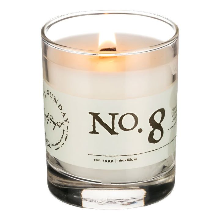 Close Up Image of No. 8 Candle, showcasing the rich, warm scent and eco-friendly packaging, part of the Simply Perfect Sunday line.