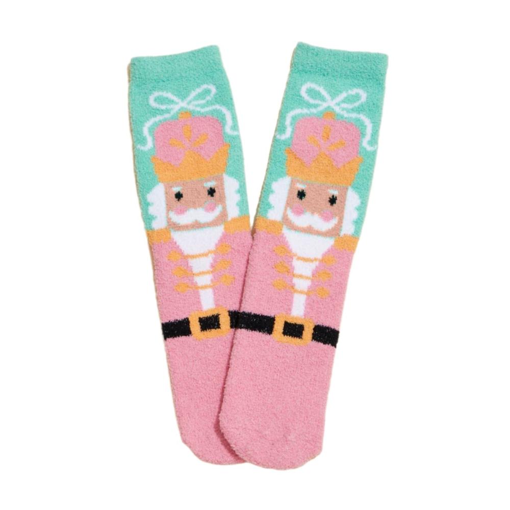 Pink and turquoise nutcracker socks with a golden crown and detailed face.