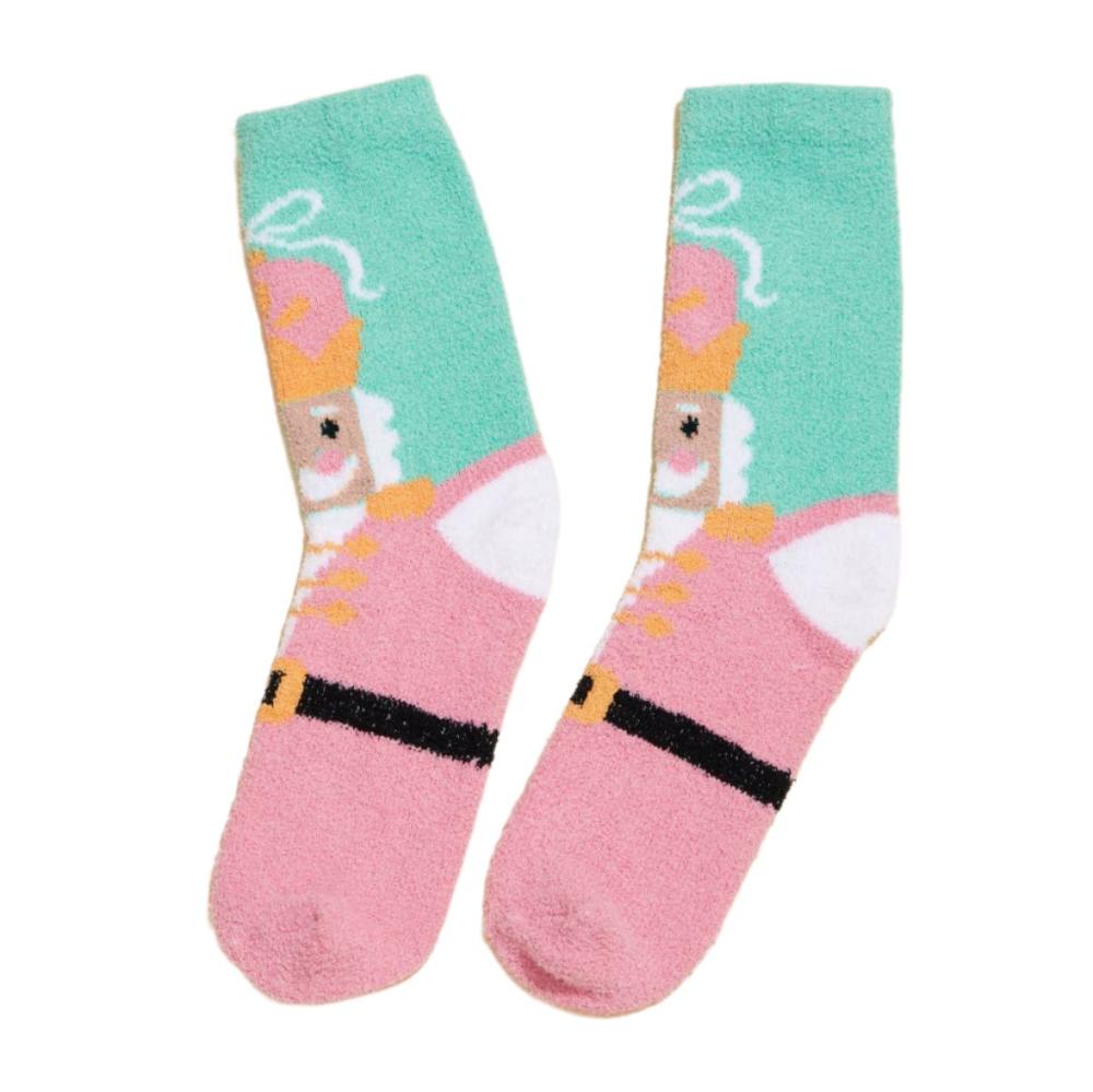 Side view of nutcracker socks with colorful holiday design.