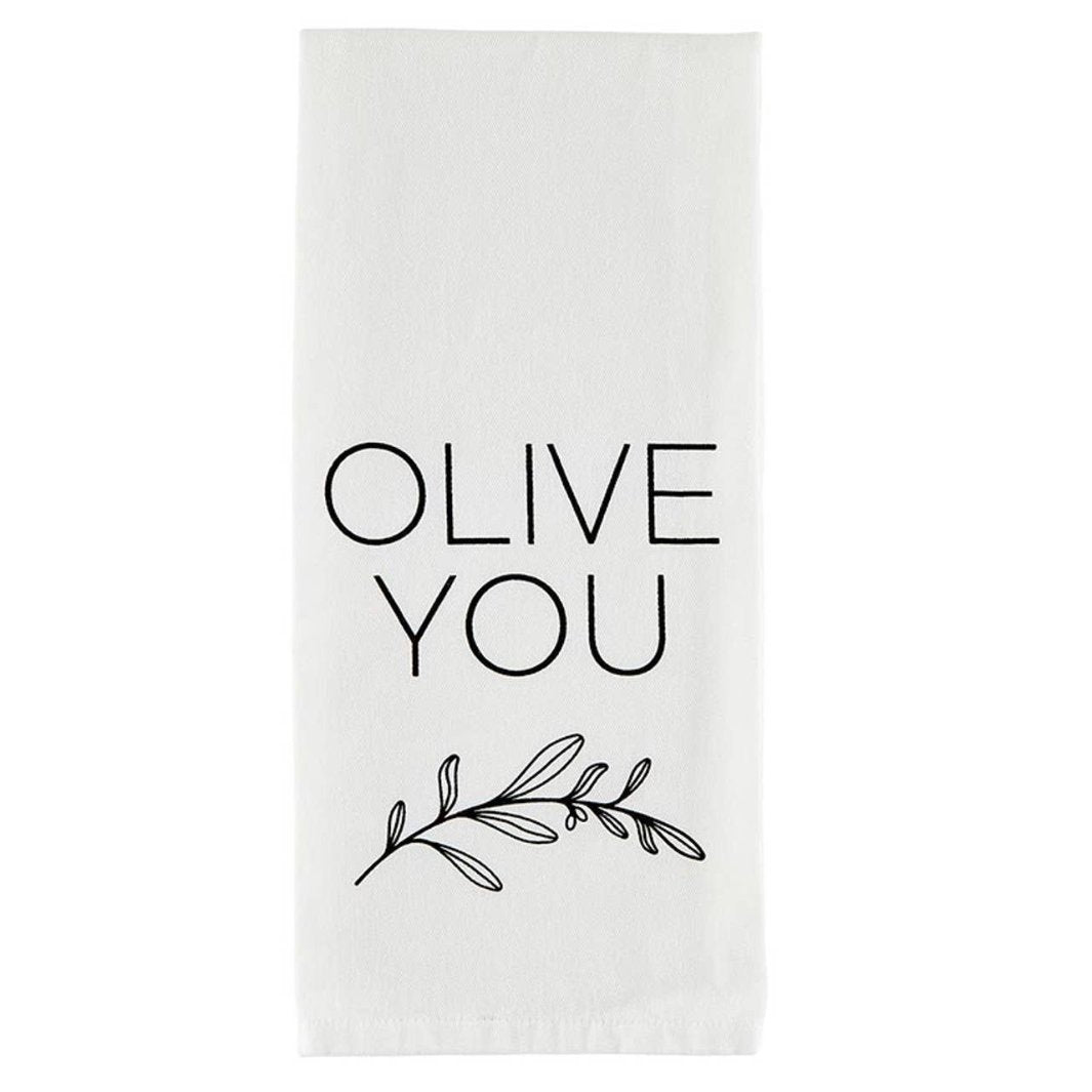 Close-up of the Olive You Tea Towel’s soft 100% cotton fabric and printed design