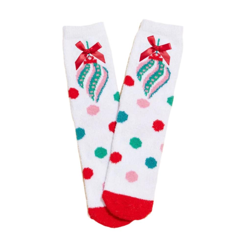 White socks with pink and turquoise ornaments and red bows.