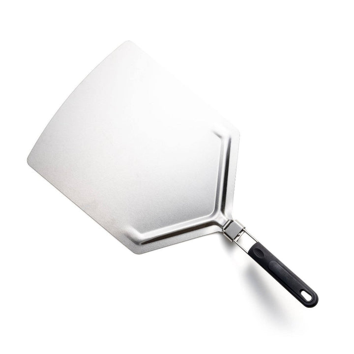 XL Stainless Steel Pizza Peel with a smooth surface and folding ergonomic handle displayed on a kitchen countertop