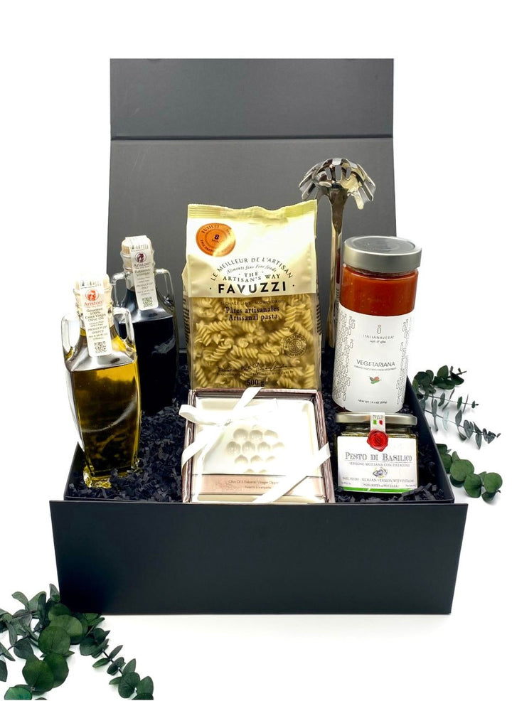 Pasta Perfection Gift Box with Artisan Pasta, Pesto, Tomato Sauce, Olive Oil, Balsamic Vinegar, Dipping Plate, and Pasta Serving Spoon