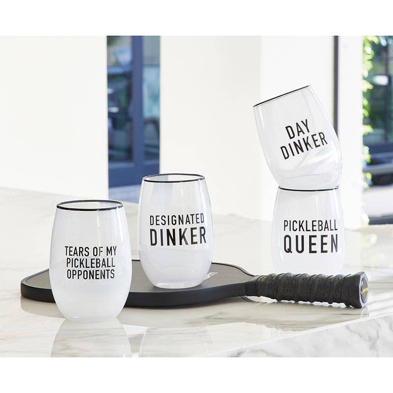 Collection of Stemless Wine Glasses with Pickleball Themed sayings. 