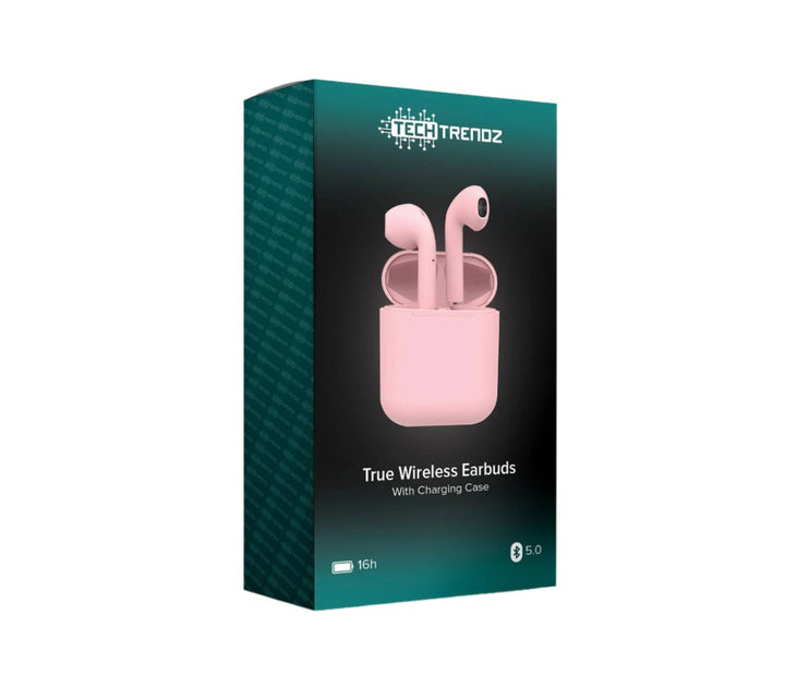 A pair of pink True Wireless Earbuds by Tech Trendz with a compact charging case.