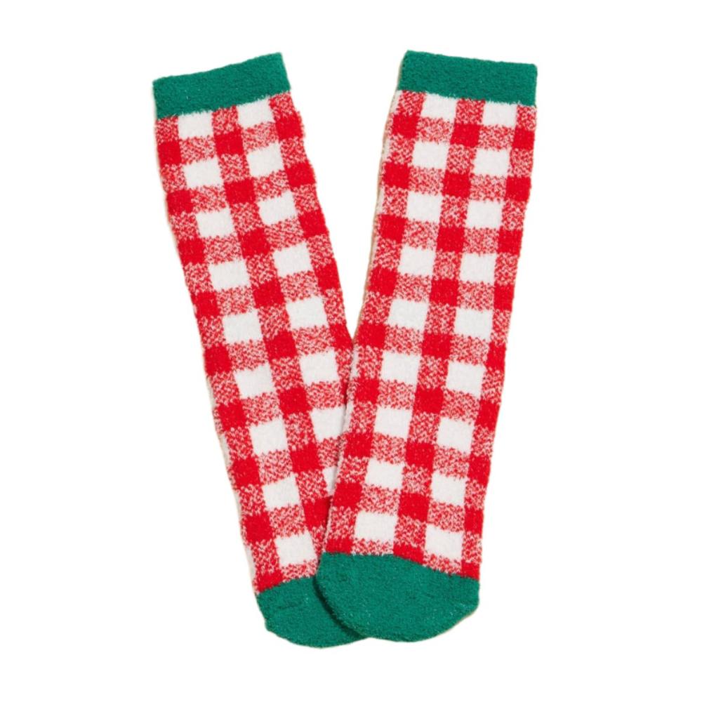 Red and white plaid fuzzy socks with green trim accents, showcasing a classic holiday design, front view.