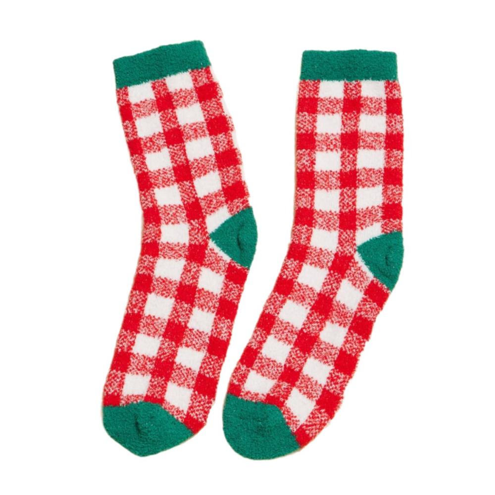 Side view of red and white plaid fuzzy socks with green trim, highlighting the soft, cozy material.