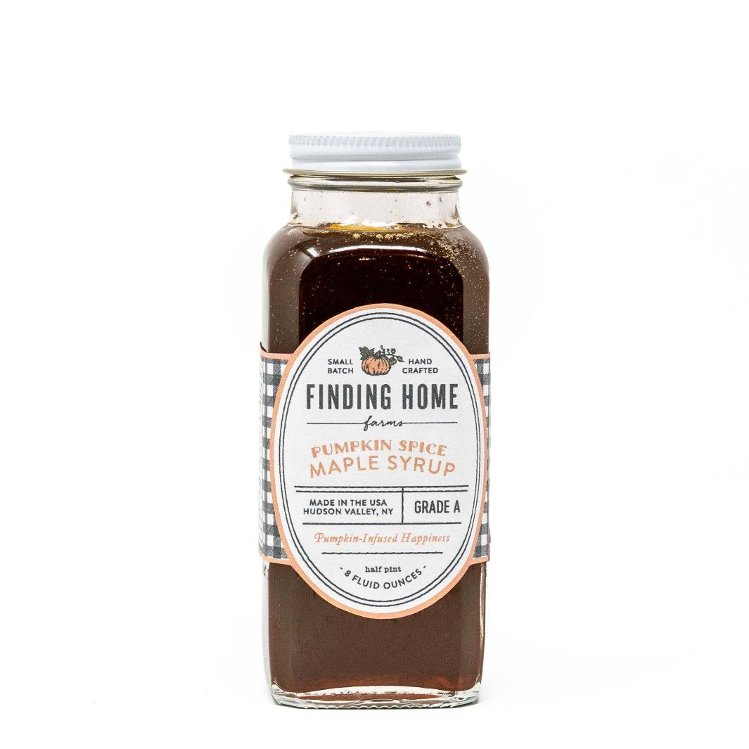 Pumpkin spice maple syrup by Finding Home Farms, infused with flavors of maple, nutmeg, and cinnamon, perfect for pancakes, waffles, muffins and desserts.