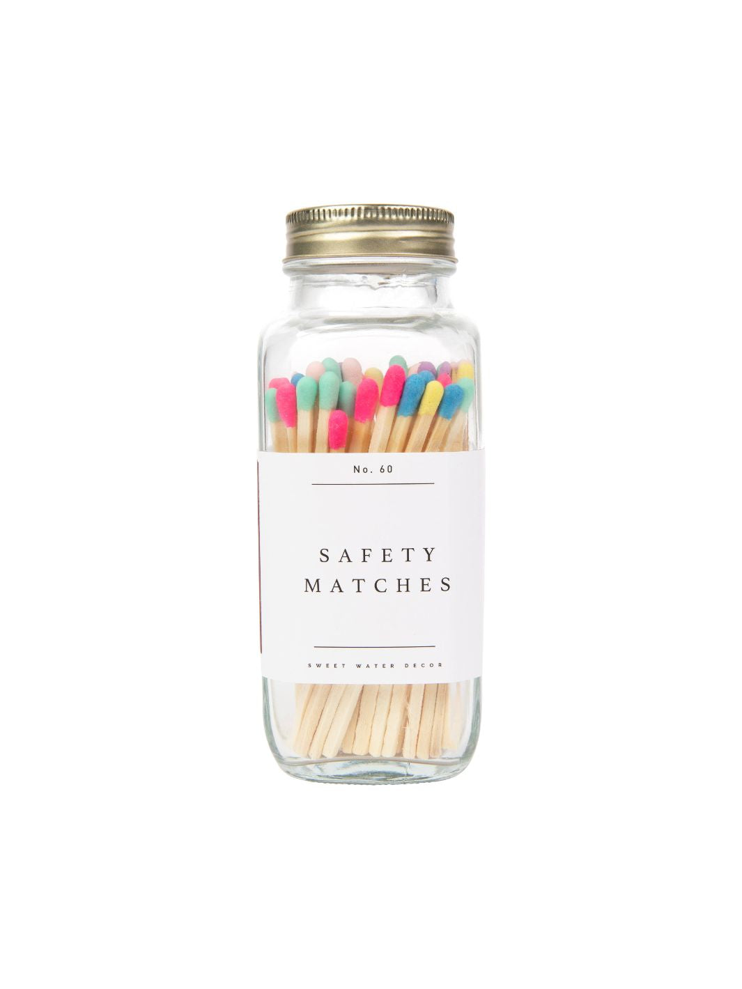 Safety Matches with Multicolor Rainbow Tip: Glass jar containing safety matches with colorful rainbow tips, designed for home decor.