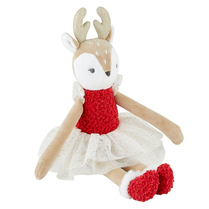 Red Deer Plush Doll with soft red top, furry booties, and sparkly tulle tutu, perfect holiday companion.