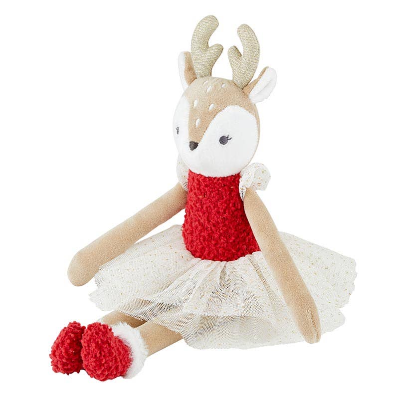 Red Deer Plush Doll with soft red top, furry booties and sparkly tulle tutu, perfect holiday companion.