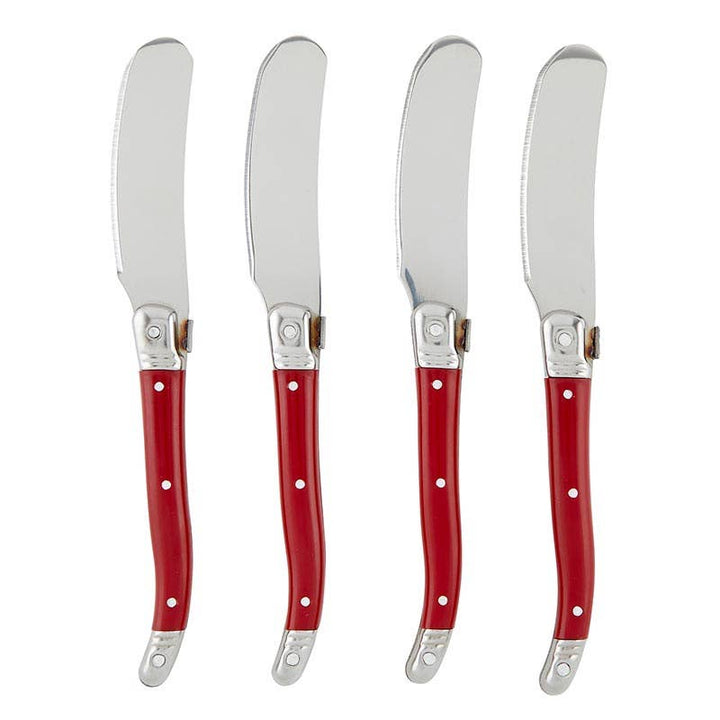 Stainless steel charcuterie spreaders with red handles, perfect for Christmas silverware.