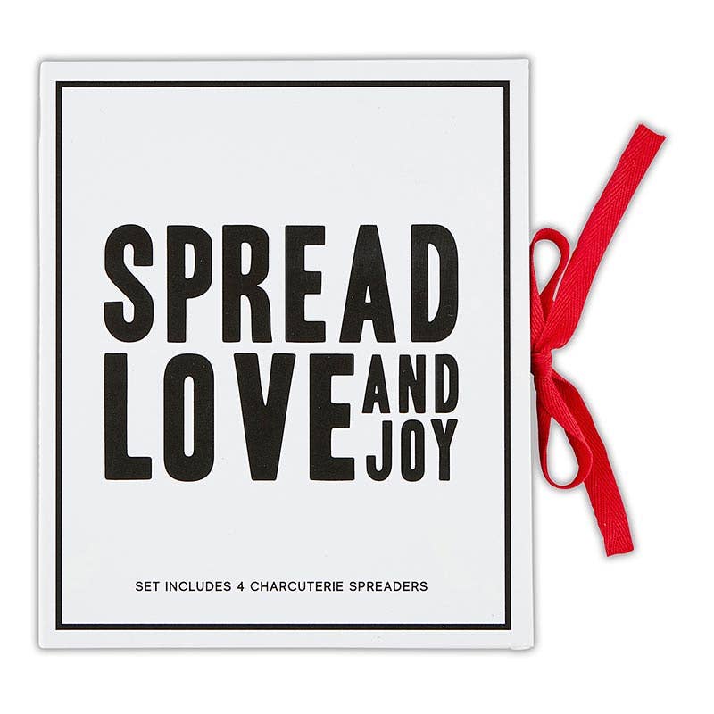 Red Handled Charcuterie Spreader Knives Gift Box states "Spread Love And Joy" and ties with a red ribbon.