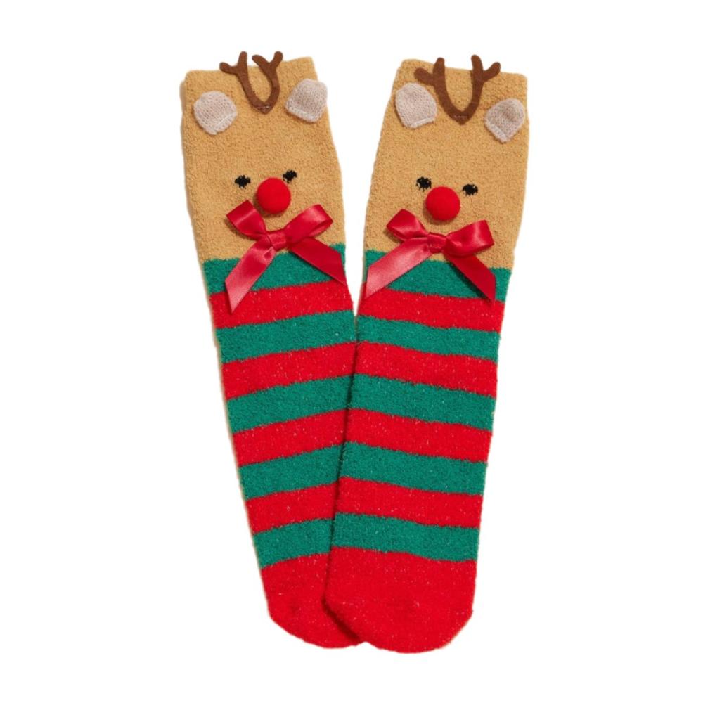 Brown fuzzy reindeer socks with antlers, a red pom pom nose, and a festive red bow, front view.